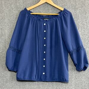 FORTUNE+IVY Women's Sz M Blue Pintuck Ruffle‎ Neckline Romantic Workwear Classic
